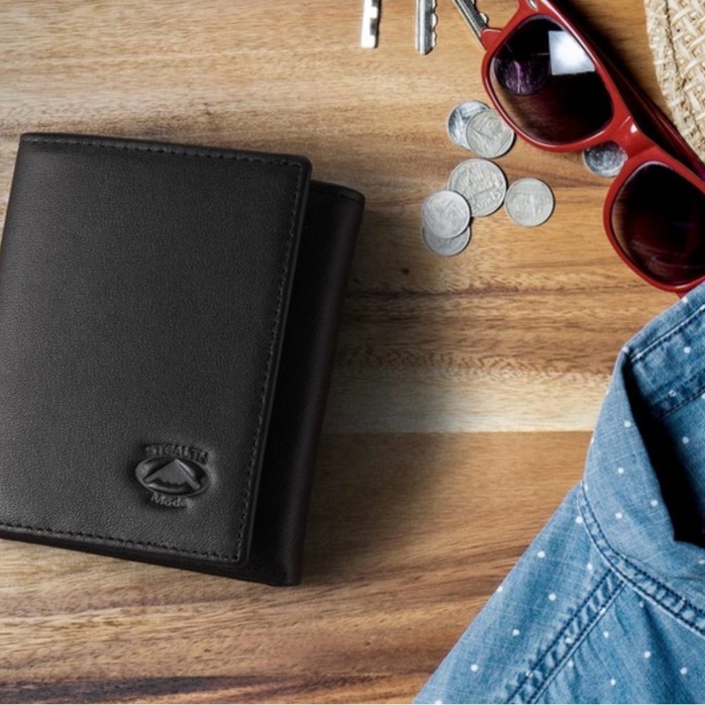 Stealth Mode Leather Trifold RFID Wallet For Men With Flip Out ID Holder (Black)